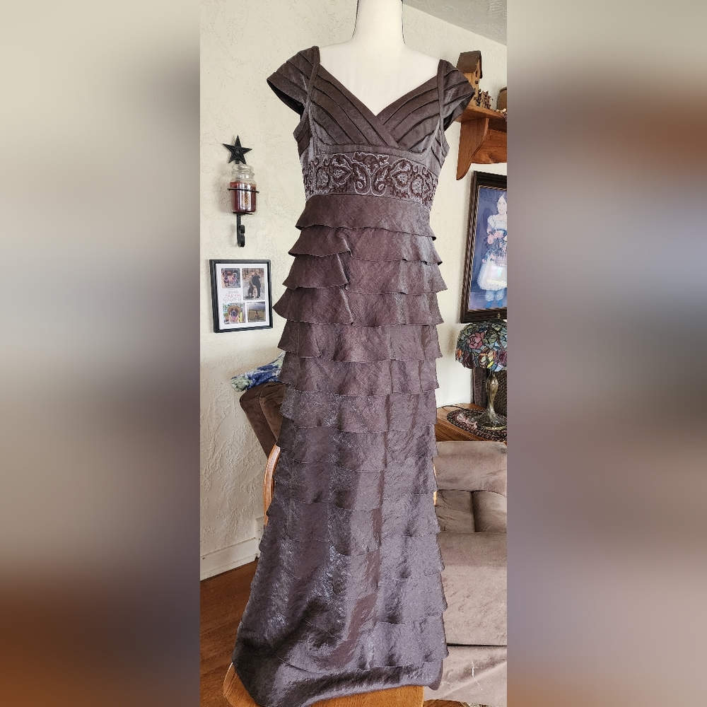 Adrianna Papell Dark Brown Tiered Ruffle Evening Gown